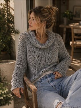 Debut Gray Marled Open Knit Cowl Neck Sweater Medium